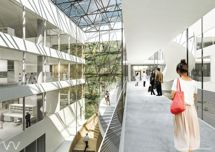 Bygg for fremtiden: Skisse av sentralrommet i det nye Livsvitenskapsbygget, ­utarbeidet av RATIO arkitekter AS. Illustrasjon: RATIO/Statsbygg