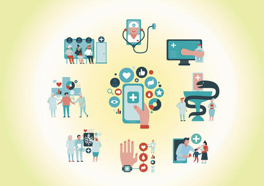Fremtidens helsetjenester med analoge og digitale løsninger. Illustrasjon: Freepik.com /Linn Brændhaugen