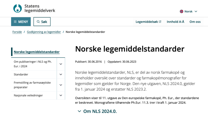 Skjermdump av nettside om Norske legemiddelstandarder