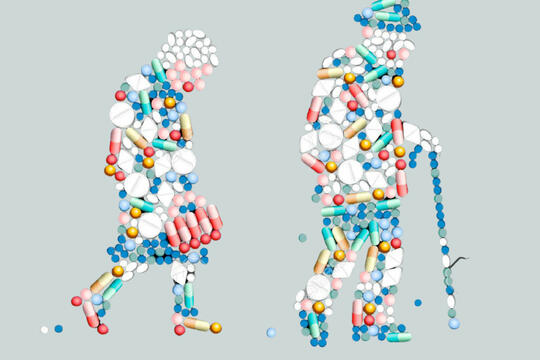 Illustrasjon av to gamle mennesker laget av piller